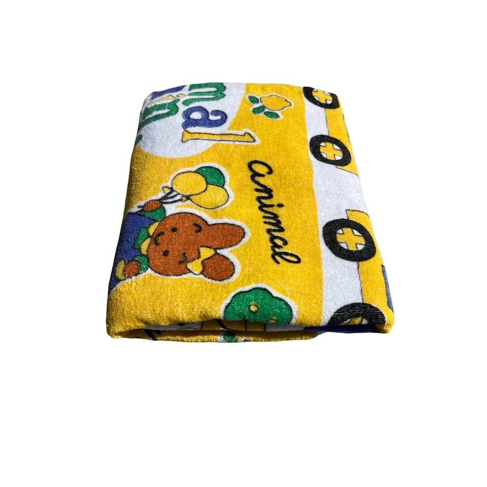 VTG 90s Rare Animal Train Kids Beach Towel Yellow White Cute Friendship Graphic